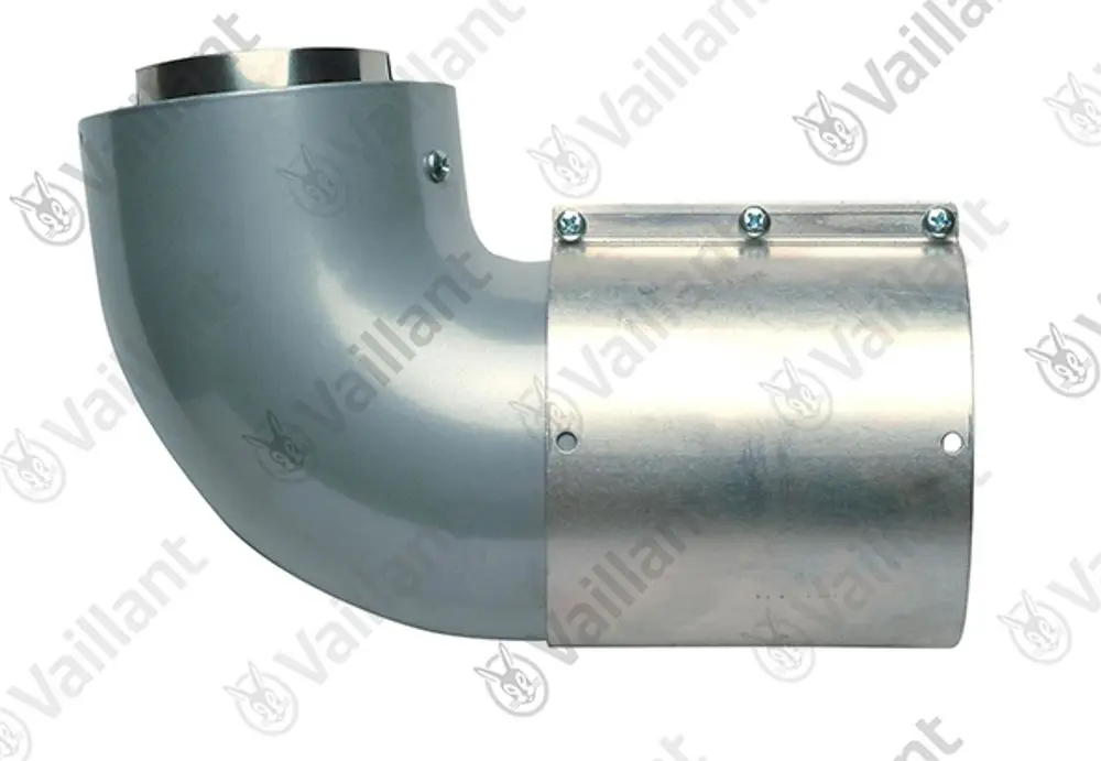 Grauer 90-Grad-Bogen aus Metall mit einer Halterung und Schrauben. Produkt von Vaillant, geeignet für Rohrleitungen.